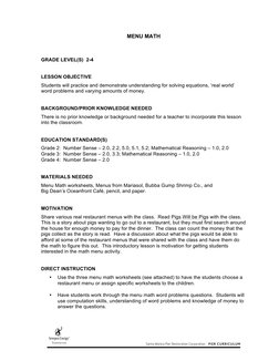 MENU MATH 
 
 
 
GRADE LEVEL(S)  2-4 
 
 
LESSON OBJECTIVE   
 
Students will practice and demonstrate understanding for so