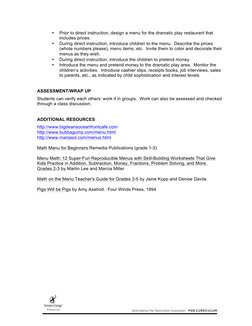 • 
Prior to direct instruction, design a menu for the dramatic play restaurant that 
includes prices. 
• 
During direct ins