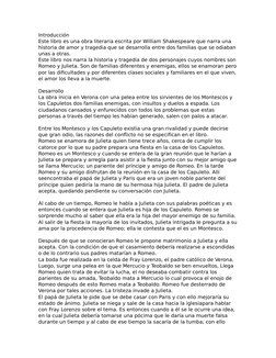 Introducción
Este libro es una obra literaria escrita por William Shakespeare que narra una 
historia de amor y tragedia que