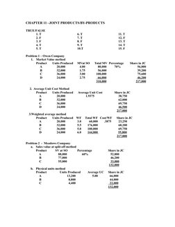 CHAPTER 11 –JOINT PRODUCTS/BY-PRODUCTS
TRUE/FALSE
1. T
6. T
11. T
2. F
7. T                                              12,