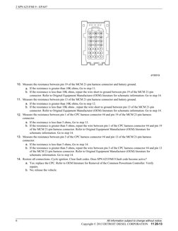 10. Measure the resistance between pin 19 of the MCM 21-pin harness connector and battery ground.
a. If the resistance is gre