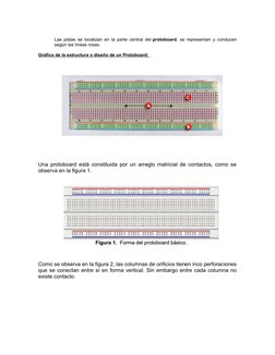 Las pistas se localizan en la parte central del protoboard, se representan y conducen
según las líneas rosas.
Gráfico de la e