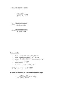 18 (5.5741751477)=100.33
(
100
18 )x(
100
18 )=30.8
VR1= NBdiente Engranaje
NA diente Piñon
VR2= NDdiente Engranaje
NC diente