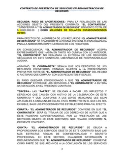 CONTRATO DE PRESTACIÓN DE SERVICIOS EN ADMINISTRACION DE
RECURSOS
SEGUNDA:  PAGO  DE  APORTACIONES.-  PARA LA REALIZACIÓN  DE