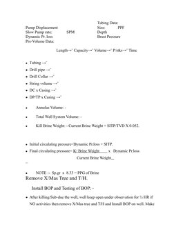 Tubing Data:
Pump Displacement 
Size:
PPF
Slow Pump rate:
SPM 
Depth
Dynamic Pr. loss
Brust Pressure
Pre-Volume Data:
Length→