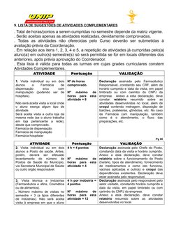 9. LISTA DE SUGESTÕES DE ATIVIDADES COMPLEMENTARES
. Total de horas/pontos a serem cumpridas no semestre depende da matriz vi
