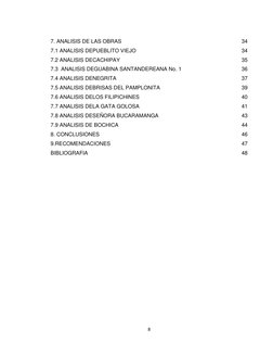 8 
 
7. ANALISIS DE LAS OBRAS 
34 
7.1 ANALISIS DEPUEBLITO VIEJO 
34 
7.2 ANALISIS DECACHIPAY 
35 
7.3  ANALISIS DEGUABINA SA