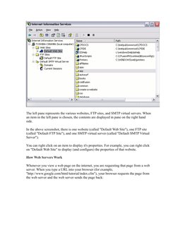 The left pane represents the various websites, FTP sites, and SMTP virtual servers. When 
an item in the left pane is chosen,