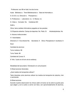 Profesores: son 88 en total, los dos turnos
Aulas   Biblioteca x   Tiene Bibliotecaria/o x   Sala de Informática x
S. E.O.E