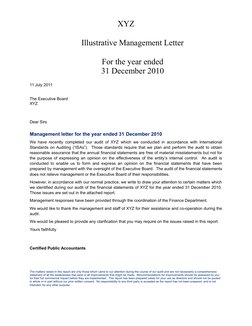 XYZ
Illustrative Management Letter
For the year ended
31 December 2010
11 July 2011
The Executive Board
XYZ
Dear Sirs
Managem