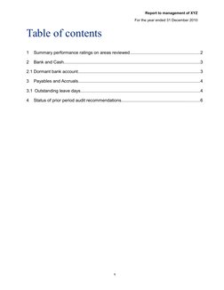 Report to management of XYZ
For the year ended 31 December 2010
Table of contents
1
Summary performance ratings on areas revi