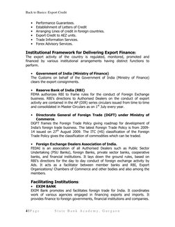 Back to Basics: Export Credit 
4 | P a g e  
S t a t e  B a n k  A c a d e m y ,  G u r g a o n  
 
• Performance Guarantees.