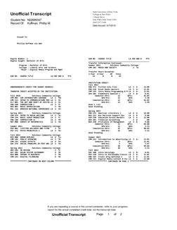 Unofficial Transcript
Student No: N02689347
Record Of:
Koffman, Phillip M.
State University of New York
College at New Paltz