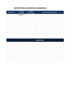 REPORTE DE ACCIDENTES E INCIDENTES.
AREA/SITO
DESCRIPCION EVENTO
 
Ninguno
 
Responsable
 
 
 
 
 
 
 
 
 
 
 
 
TIPO DE 
LES