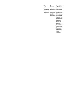 Tipo
Evento
Tipo de lesion
Indicente
Ambiental Amputacion
Accidente Daño a la Propiedad
Aplastamiento
Lesión
Choque electrico