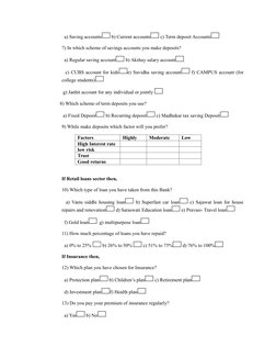a) Saving accounts
 b) Current accounts
 c) Term deposit Accounts
7) In which scheme of savings accounts you make deposits?