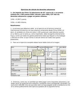 Ejercicios de cálculo de derechos aduaneros
1.- Se importa de China 15 televisores de 42” marca LG, a un precio 
unitario de