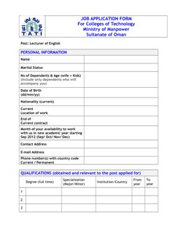 JOB APPLICATION FORM
For Colleges of Technology
Ministry of Manpower
Sultanate of Oman
Post: Lecturer of English 
PERSONAL IN