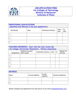 JOB APPLICATION FORM
For Colleges of Technology
Ministry of Manpower
Sultanate of Oman
PROFESSIONAL QUALIFICATIONS
 (obtained