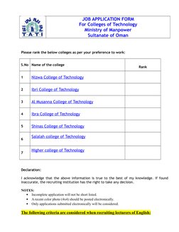 JOB APPLICATION FORM
For Colleges of Technology
Ministry of Manpower
Sultanate of Oman
Please rank the below colleges as per