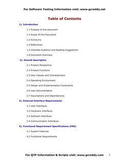 For Software Testing Information visit: www.gcreddy.net 
Table of Contents
1). Introduction
1.1 Purpose of this document
1.2