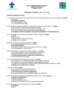 ÁREA FORMACIÓN BÁSICA GENERAL  
COMPUTACIÓN BÁSICA 
EXAMEN - FINAL 
 
 
Windows e Internet  (valor 10 puntos) 
 
Subraya la r