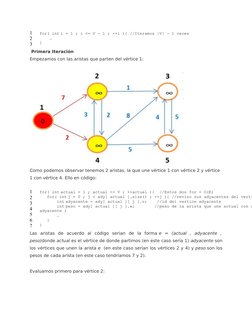 1
2
3
for( int i = 1 ; i <= V - 1 ; ++i ){ //Iteramos |V| - 1 veces
    …
}
 Primera Iteración
Empezamos con las aristas que
