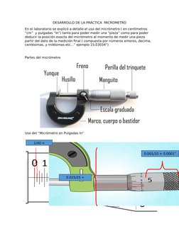 DESARROLLO DE LA PRÁCTICA  MICROMETRO
En el laboratorio se explicó a detalle el uso del micrómetro ( en centímetros 
“cm”  y