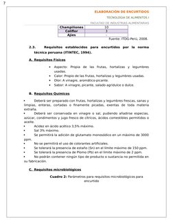 7
ELABORACIÓN DE ENCURTIDOS
TECNOLOGIA DE ALIMENTOS I
FACULTAD DE INDUSTRIAS ALIMENTARIAS
Champiñones
10
Coliflor
3
Ajíes
-
F