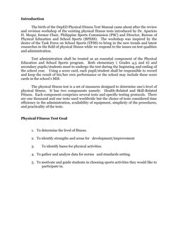 Introduction 
The birth of the DepED Physical Fitness Test Manual came about after the review
and revision workshop of the ex
