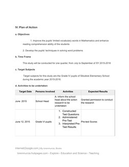 IV. Plan of Action
a. Objectives
1. Improve the pupils’ limited vocabulary words in Mathematics and enhance 
reading comprehe