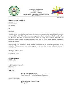 Department of Education
Region III
Division of Zambales
ZAMBALES NATIONAL HIGH SCHOOL
Iba, Zambales
July 19, 2013
HERMOGENES