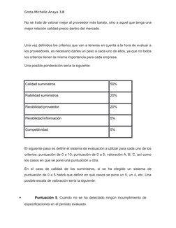 Greta Michelle Anaya 3-B
No se trata de valorar mejor al proveedor más barato, sino a aquel que tenga una
mejor relación cali
