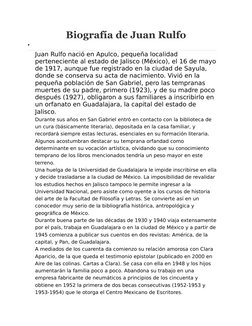 Biografía de Juan Rulfo

Juan Rulfo nació en Apulco, pequeña localidad 
perteneciente al estado de Jalisco (México), el 16 d