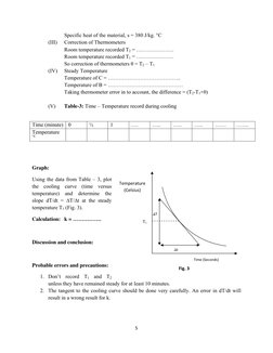 5 
 
Specific heat of the material, s = 380 J/kg. °C 
(III) 
Correction of Thermometers 
Room temperature recorded T2 = ……………