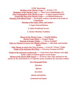 USMC Knowledge
Birthday of the Marine Corps------ 10 NOV 1775
Birthplace of the Marine Corps------ Tunn Tavern Philadelphia,