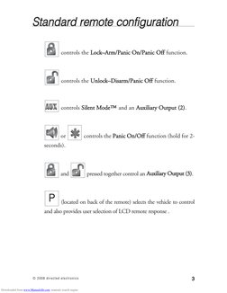 3
© 2008 directed electronics
Standard remote configuration
controls the Lock–Arm/Panic On/Panic Off function.
controls the U