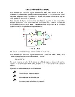 CIRCUITO COMBINACIONAL.
Está formado por funciones lógicas elementales (AND, OR, NAND, NOR, etc.),
que tiene un determinado n