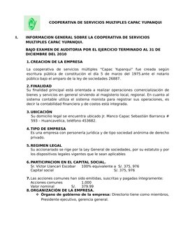 COOPERATIVA DE SERVICIOS MULTIPLES CAPAC YUPANQUI 
I.
INFORMACION GENERAL SOBRE LA COOPERATIVA DE SERVICIOS 
MULTIPLES CAPAC
