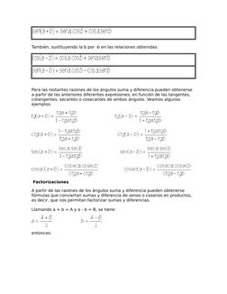 También, sustituyendo la b por -b en las relaciones obtenidas: 
Para las restantes razones de los ángulos suma y diferencia p
