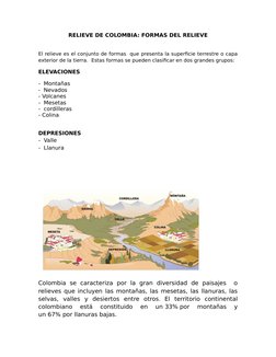RELIEVE DE COLOMBIA: FORMAS DEL RELIEVE
El relieve es el conjunto de formas  que presenta la superficie terrestre o capa
exte