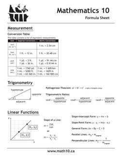 www.math10.ca
Measurement
Mathematics 10
Formula Sheet
Conversion Table
This table contains a list of equivalent measurements