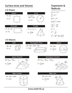 Surface Area and Volume
C = 2r
A = r2
or C = d
r
Square
P = 4s
A = s2
s
s
s
s
P = 2l + 2w
A = lw
w
l
P = s1 + s2 + s3
b
h