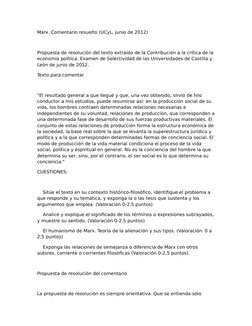 Marx. Comentario resuelto (UCyL, junio de 2012)
Propuesta de resolución del texto extraído de la Contribución a la crítica de
