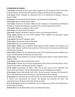 EFEMÉRIDES DE MARZO:
1 de marzo: Fundación de San Carlos (1678), Natalicio de Vinicio Adames (1927), Día contra
la Discrimina