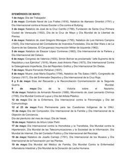 EFEMÉRIDES DE MAYO:
1 de mayo: Día del Trabajador.
2 de mayo: Combate Naval de Los Frailes (1816), Natalicio de Atanasio Gira