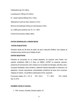 Ceftazidima 2gr. EV c/8hrs. 
Levofloxacino 750mg VO c/24hrs
N – Acetil cisteína 600mg VO c/ 12hrs
Salbutamol 2 puff con Aero