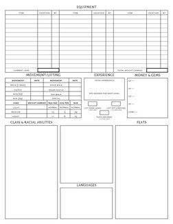 LANGUAGES
item
location
wt
item
location
wt
item
location
wt
EQUIPMENT
xps needed for next level
MOVEMENT/LIFTING
movement
mo