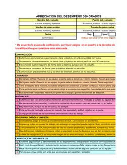 APRECIACION DEL DESEMPEÑO 360 GRADOS
 Nombre del evaluado
Puesto del evaluado
Escribir nombre y apellidos
Escribir la posició