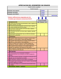 APRECIACION DEL DESEMPEÑO 360 GRADOS
Escribir nombre y apellidos
Escribir el puesto
Evaluador nivel superior: 
  Puesto: 
Eva
